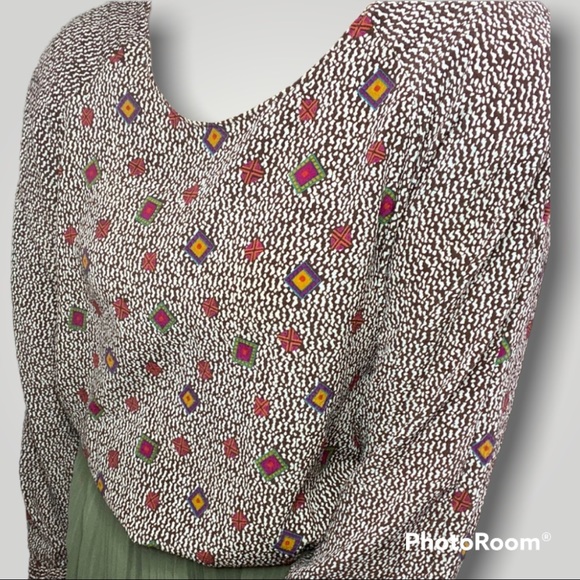 Vintage 80s Long Sleeve Brown with Jewel Tone Pattern Blouse + Shoulder Pads - Picture 3 of 15
